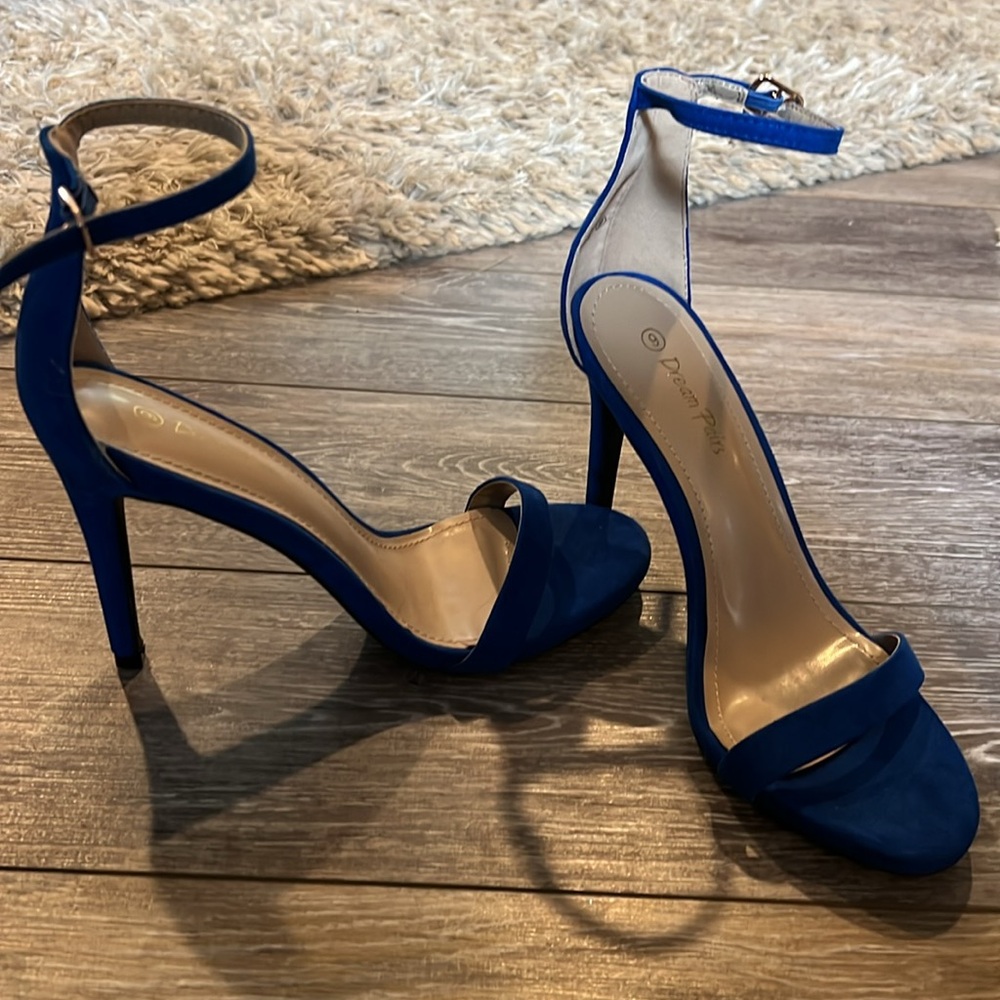 Blue suede open toe stiletto with ankle strap
